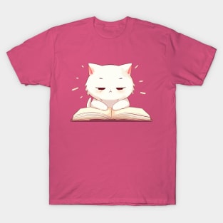 a bored white cat studying- anime T-Shirt